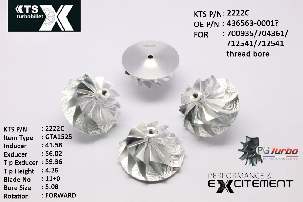 Turbo ROUE FORGÉE MFS PERFORMANCE - 11+0 PALES - INDUCER : 41,58 - EXDUCER : 56,02 - TYPE : GT2256ANGLE : 55° - ROTATION : Forward - SUPER BACK : 2,39 - BORE SIZE : 5,08
